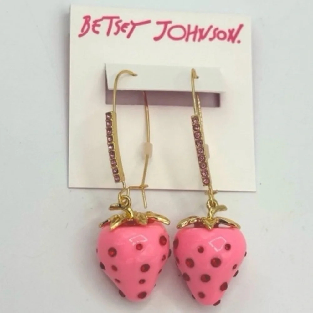 BETSEY JOHNSON Pink Enamel & Red Crystals Strawberry Dangle Drop Earrings NWT - Picture 4 of 5